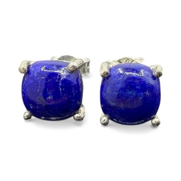 Natural Blue Lapis Cabochon Stud Earrings 925 Sterling Silver Handmade - Picture 1 of 5